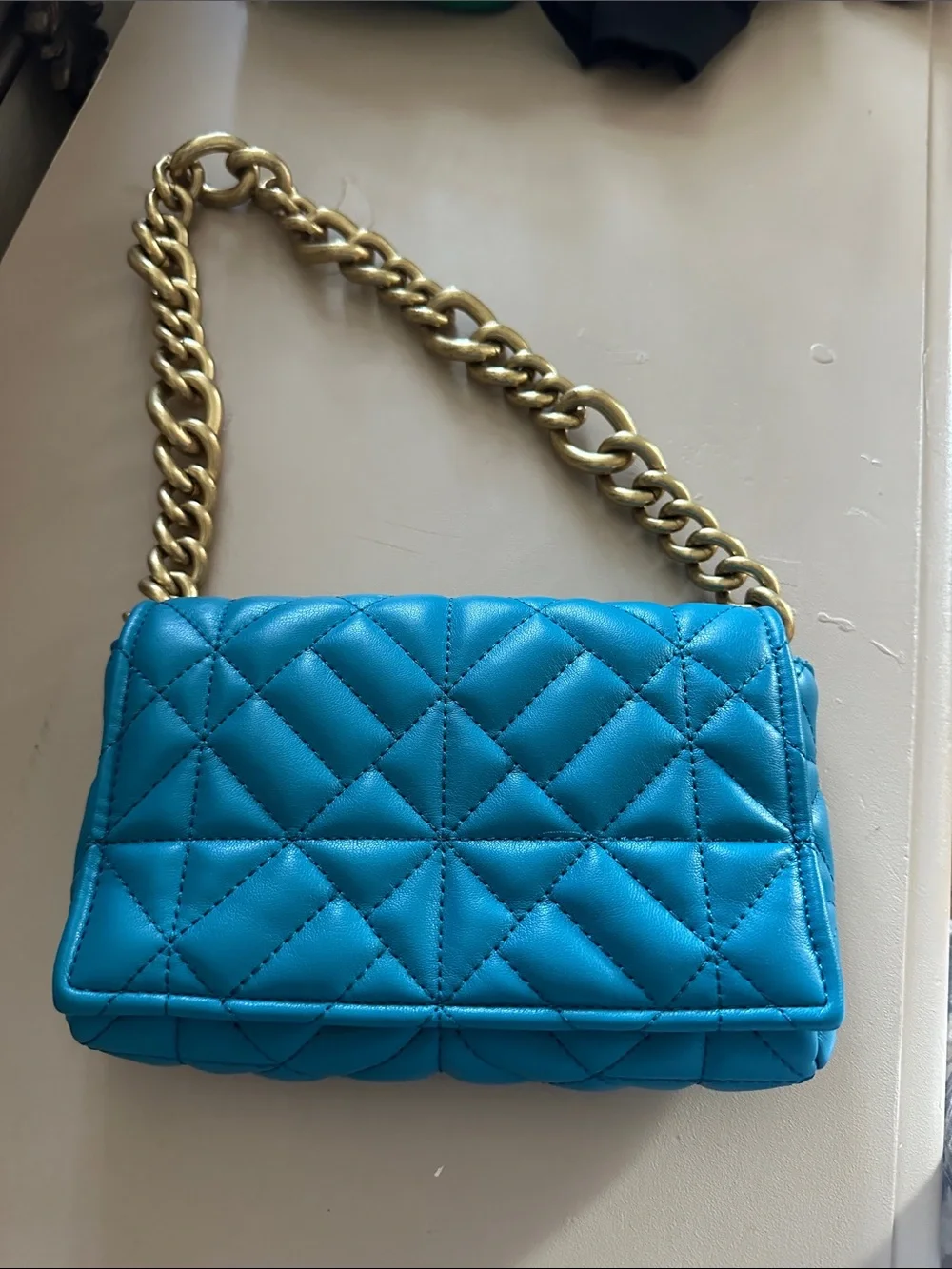 Quilted Chain Shoulder Bag in Turquoise